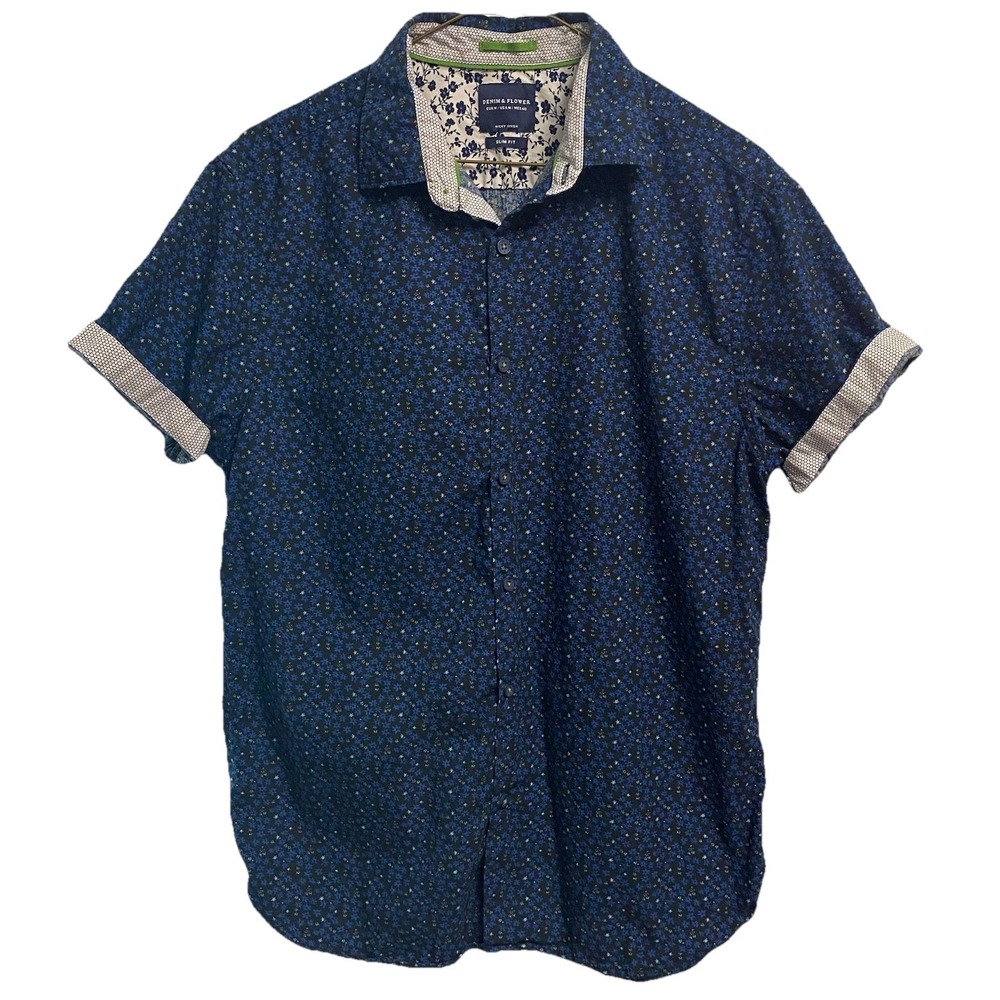 Denim & Flower Mens Blue&Black Polka Dot Button Up Short Sleeve Shirt‎ M/40 Slim